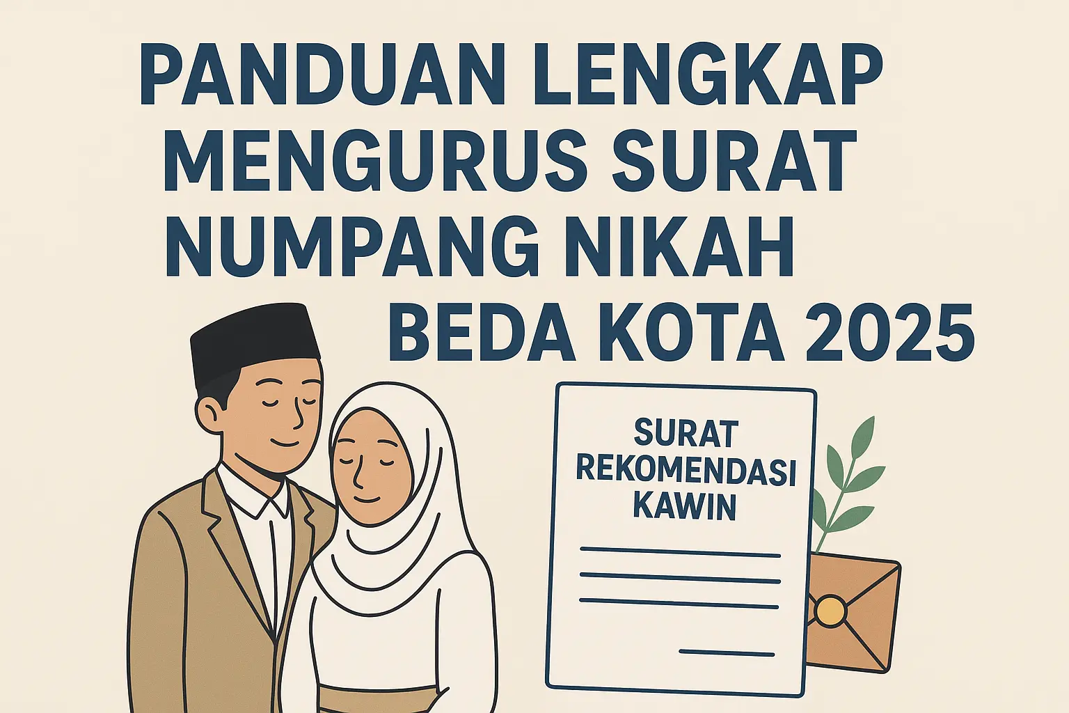 Ilustrasi pasangan calon pengantin muslim sedang mengurus surat numpang nikah di kantor KUA dengan suasana administrasi pernikahan